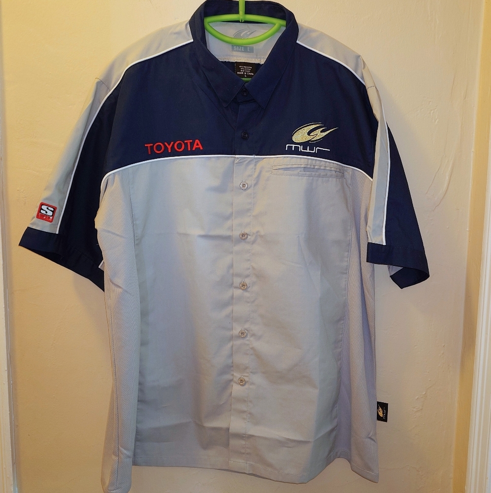 TOYOTA Michael Waldrip Racing Button Grey Shirt New Without Tags Rare Large Navy